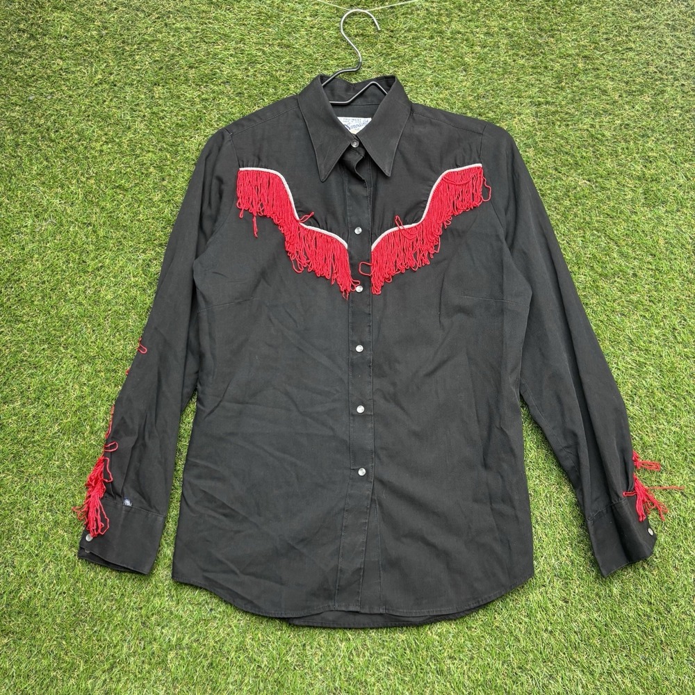 VINTAGE Rockmount Ranch Wear Shirt Mens 34 Black Fringe Western Rodeo Snap